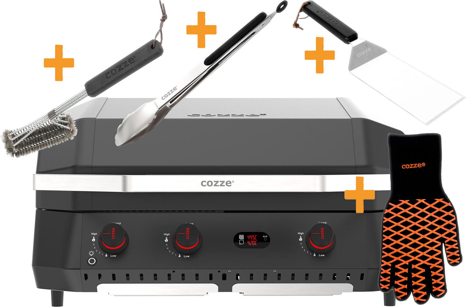 COZZE G 800 COMBO Plancha Grill mit Grillrost Starterset mit COZZE Grillbesteck Grillzange, Grillwender, Grillbürste und Grillhandschuhe