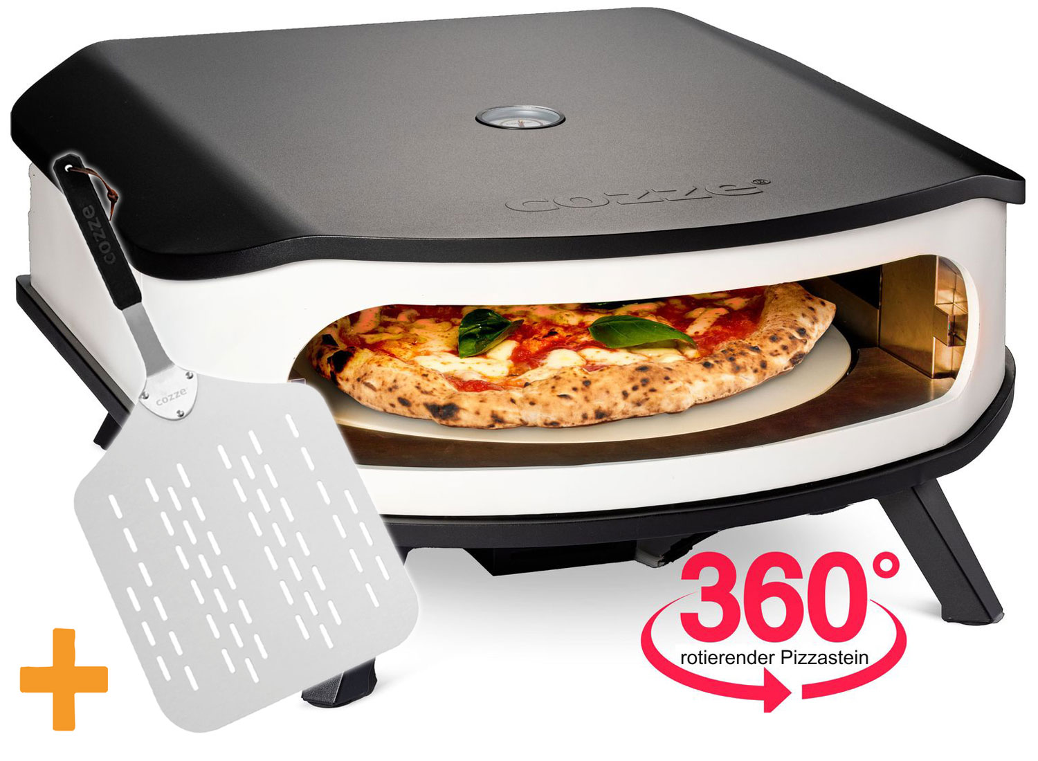 COZZE Pizzaofen Gas 42,5 cm 17" mit rotierendem Pizzastein inkl. Hitzeschild + Pizzaschieber