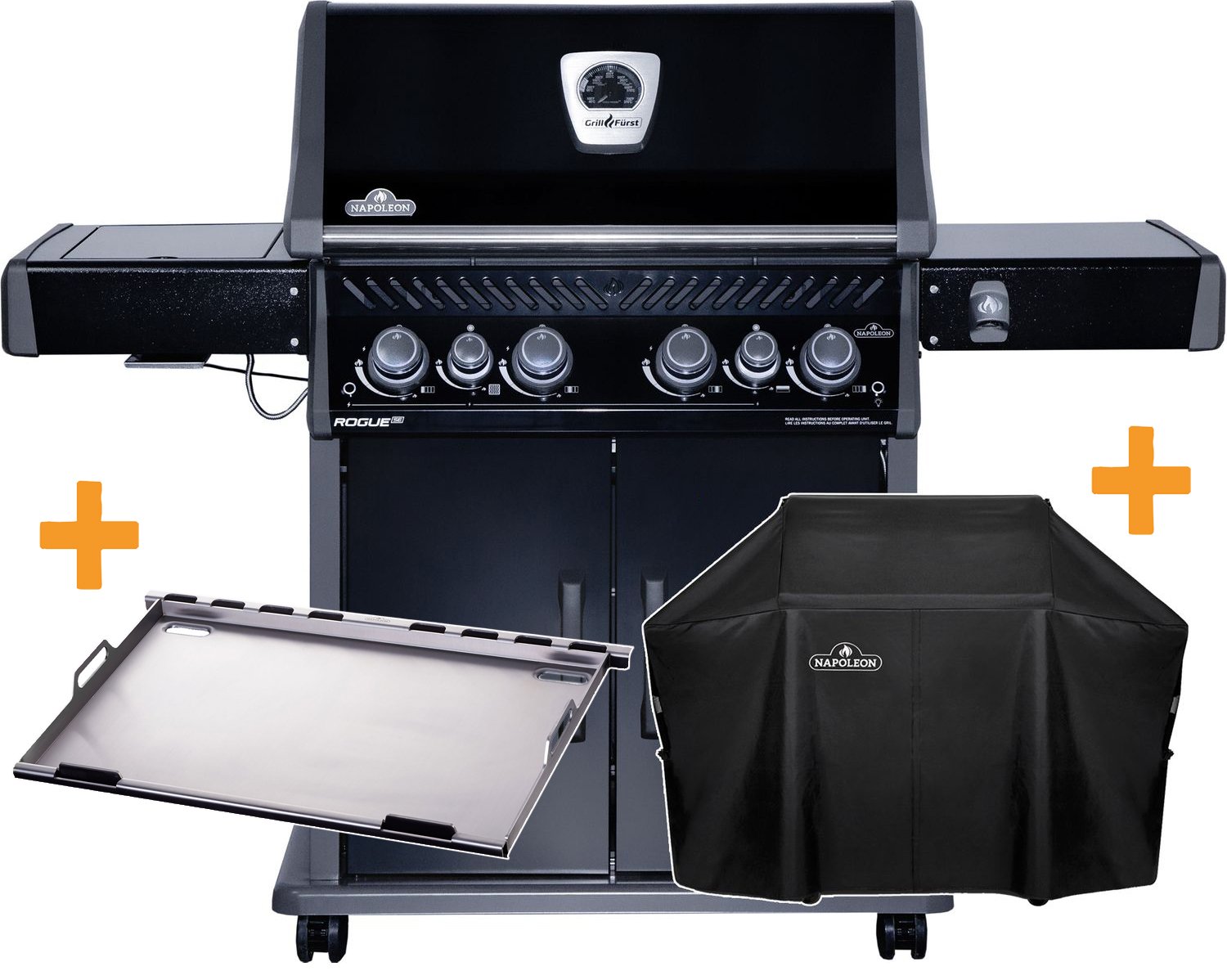 Napoleon Rogue SE 525 all blackmit Sizzle Zone und Heckbrenner inkl. Full Size Plancha als Plancha Grill