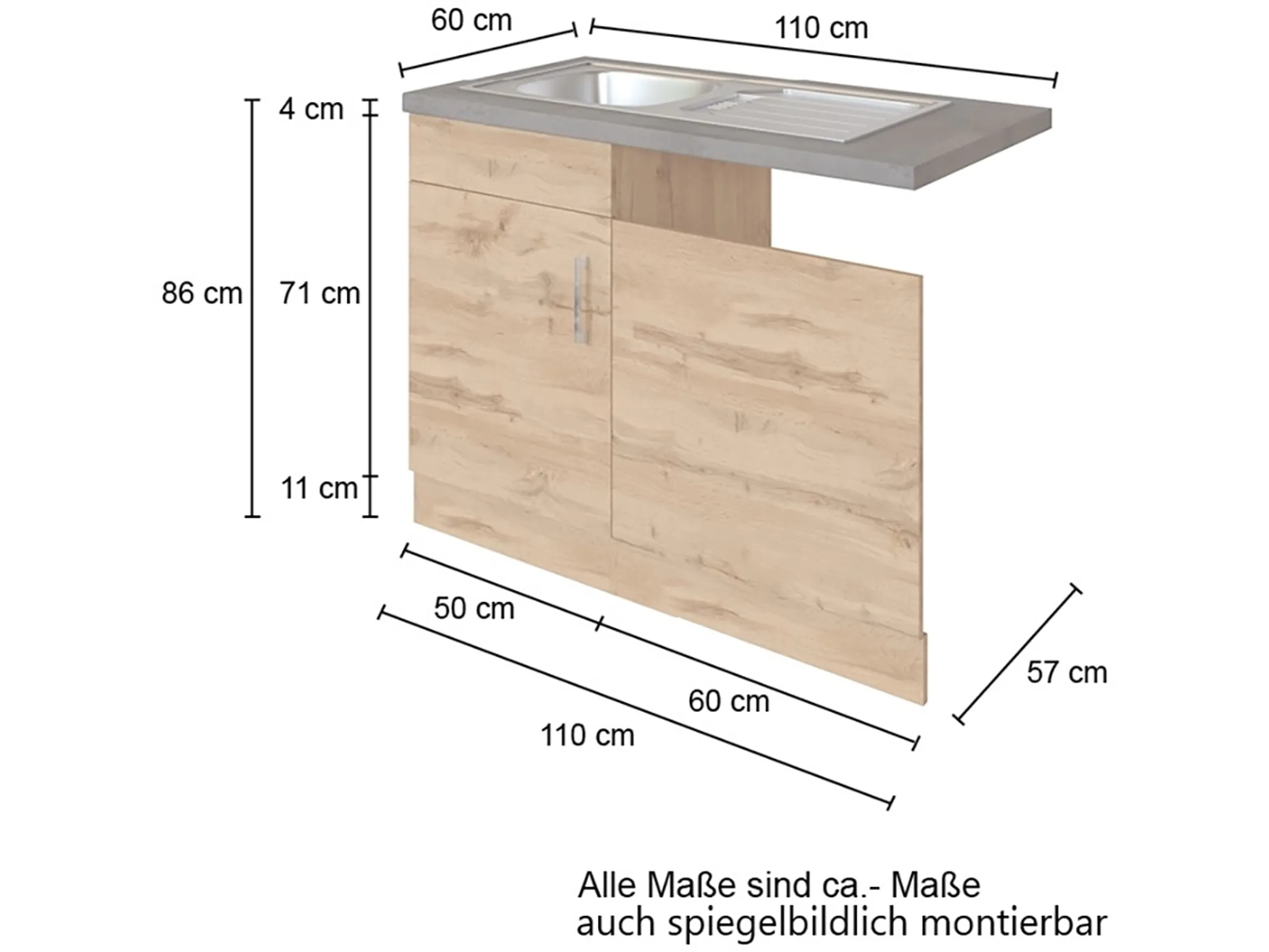Held Möbel Küchen-Spülzentrum Sorrento 110x85x60cm Tür lende Sockel Weiß-W.Eiche – Bild 2
