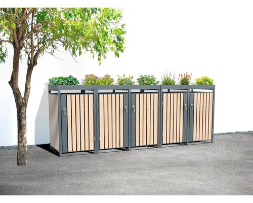 Mülltonnenbox WESTMANN Planta 5 Metall mit Pflanzdach 332 x 84 x 124,5 cm grau-Holzoptik – Bild 9